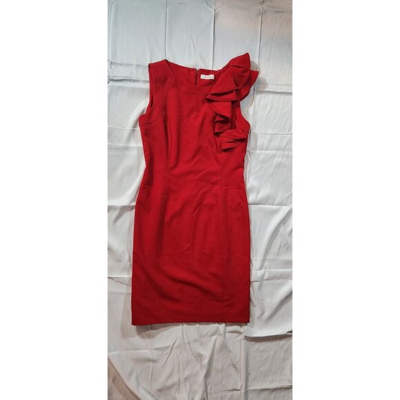 Calvin Klein Womens Red Ruffle-Shoulder Sheath Dress Size Small (See Measurement - Picture 6 of 6